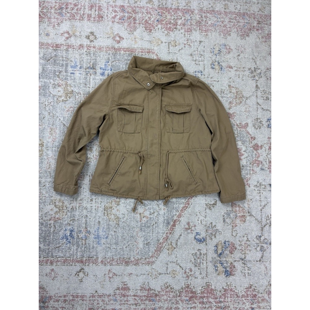 Canvas Utility Field Jacket Womens Large Tan Khaki Cargo Cinch Waist